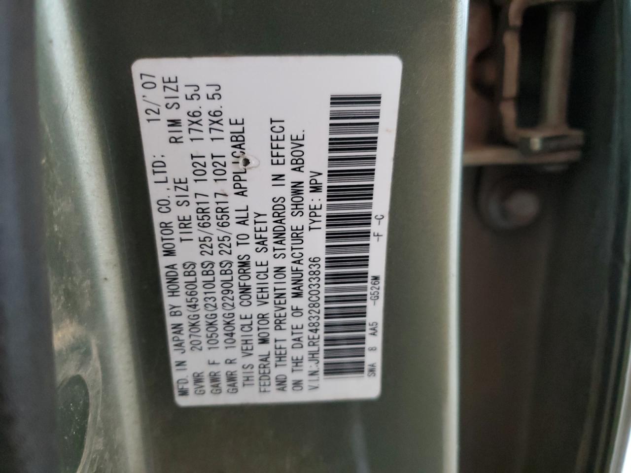 2008 Honda Cr-V Lx VIN: JHLRE48328C033836 Lot: 85575035