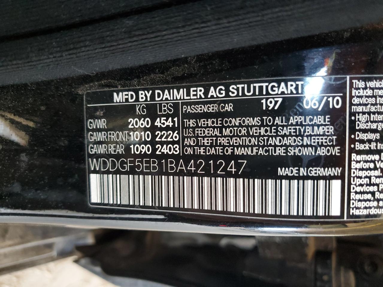 2011 Mercedes-Benz C 300 VIN: WDDGF5EB1BA421247 Lot: 62767035