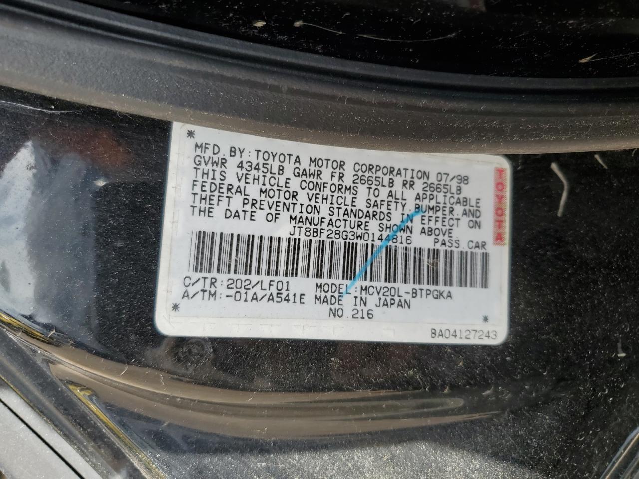 1998 Lexus Es 300 VIN: JT8BF28G3W0144816 Lot: 61594275
