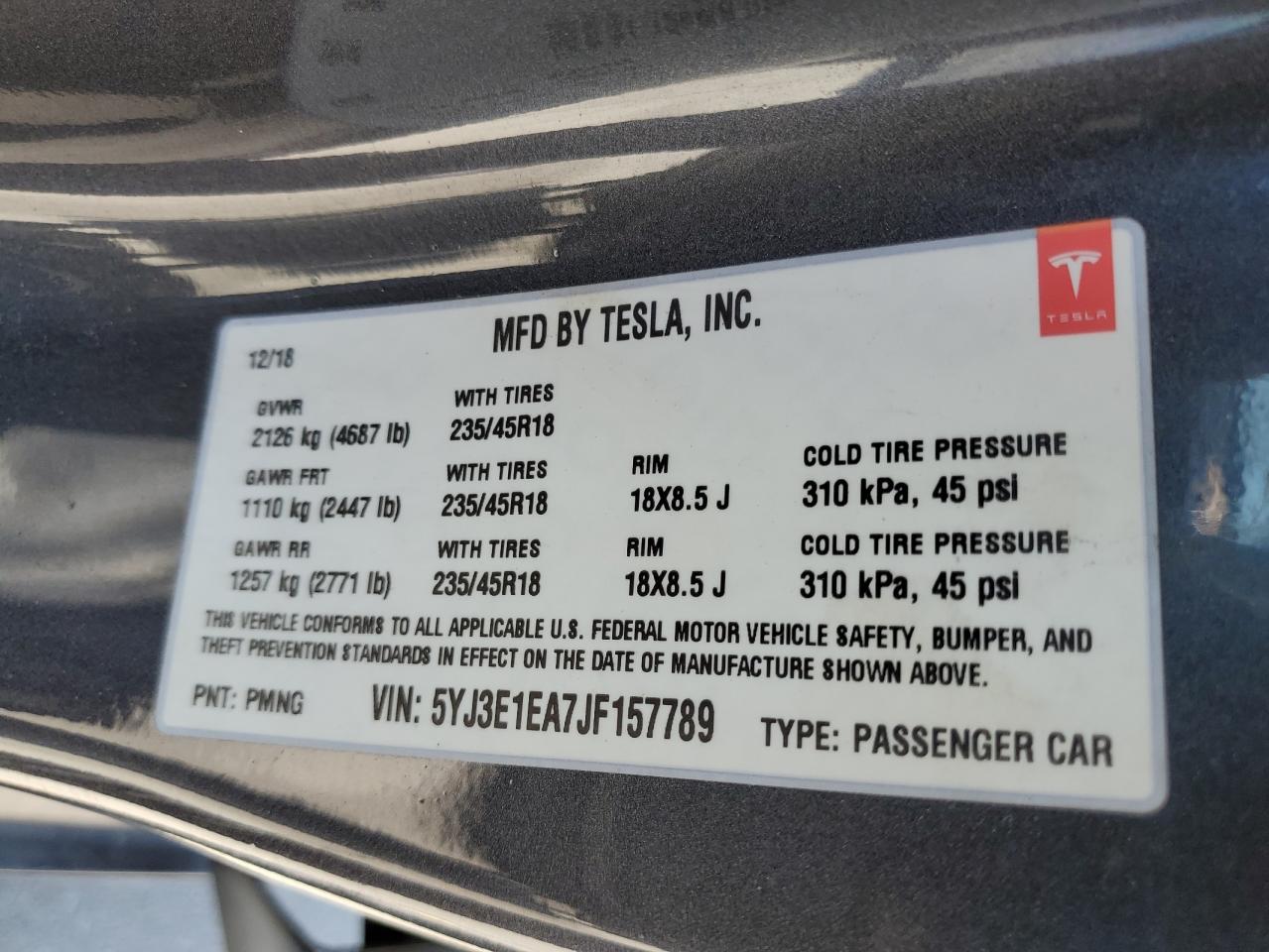 2018 Tesla Model 3 VIN: 5YJ3E1EA7JF157789 Lot: 62698835