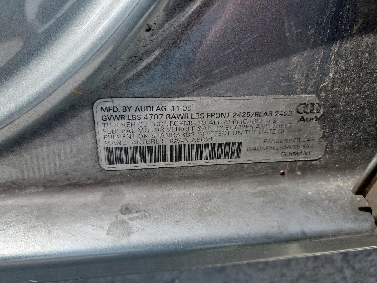 2010 Audi A4 Premium VIN: WAUAFAFL5AN037556 Lot: 59297225