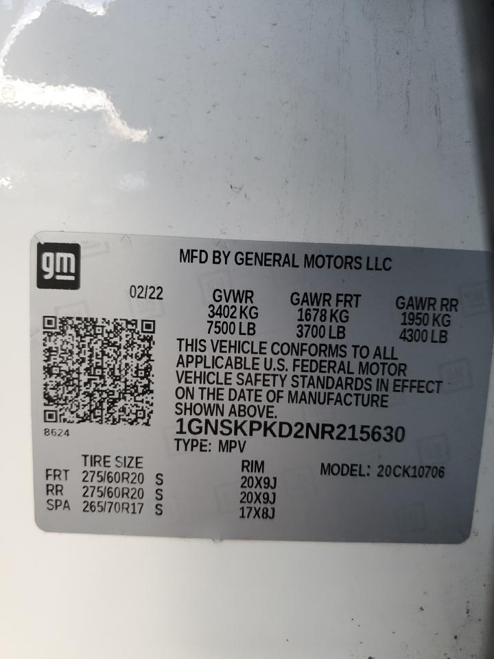2022 Chevrolet Tahoe K1500 Z71 VIN: 1GNSKPKD2NR215630 Lot: 60919775