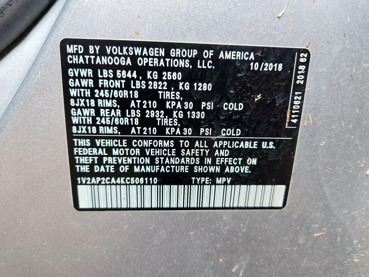 2019 Volkswagen Atlas S VIN: 1V2AP2CA4KC506110 Lot: 62014525