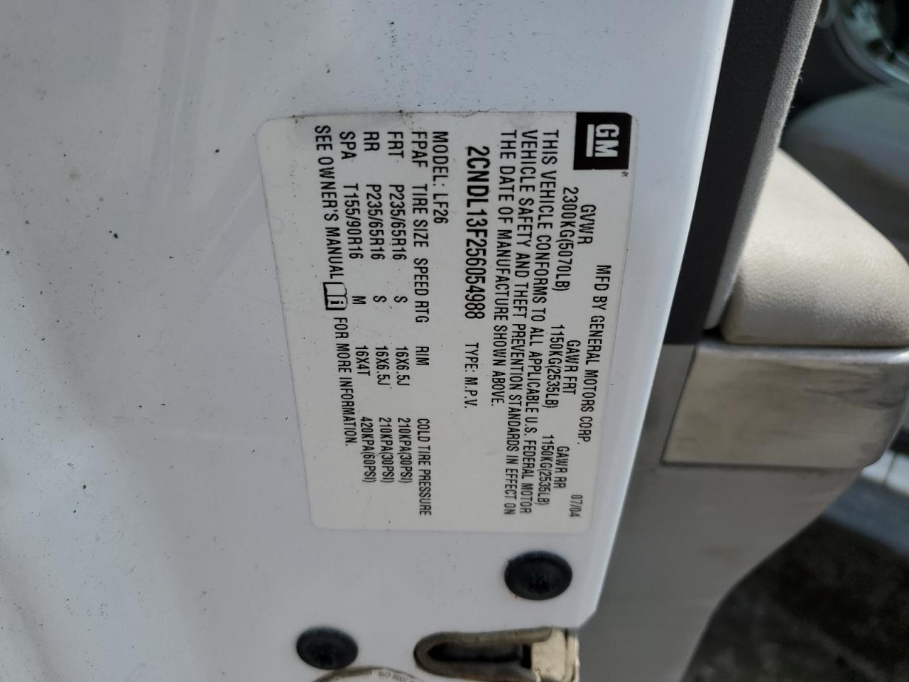 2005 Chevrolet Equinox Ls VIN: 2CNDL13F256054988 Lot: 62294595