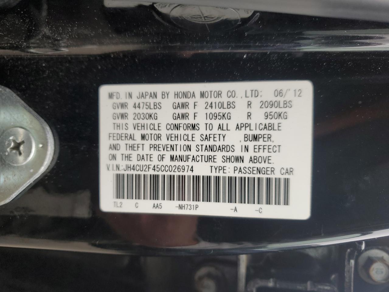 2012 Acura Tsx VIN: JH4CU2F45CC026974 Lot: 62785175