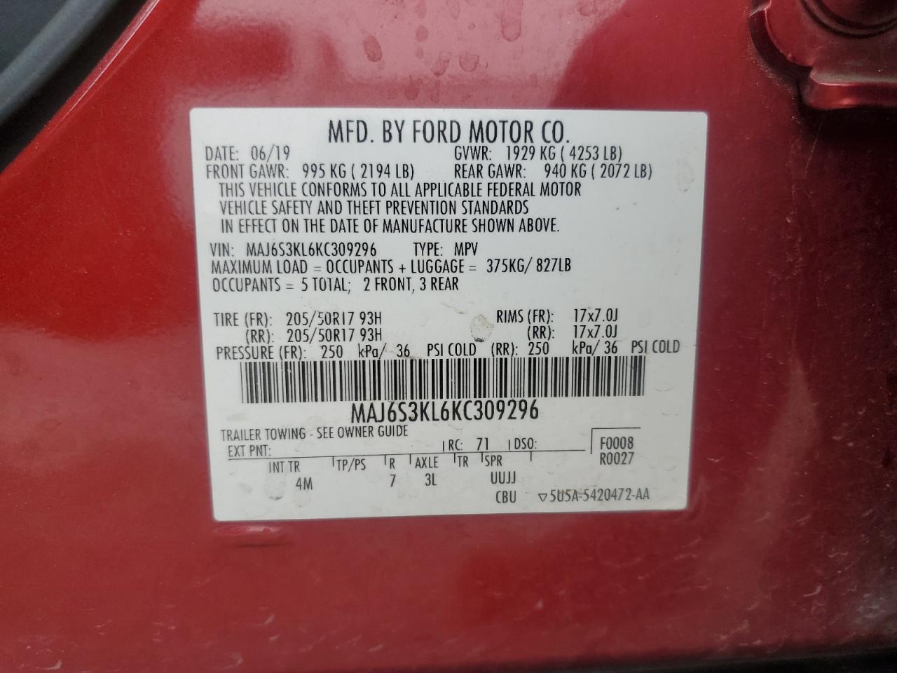 2019 Ford Ecosport Titanium VIN: MAJ6S3KL6KC309296 Lot: 59912825