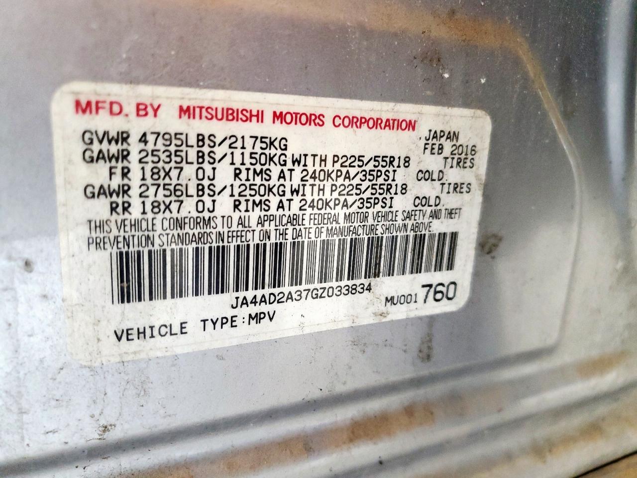 2016 Mitsubishi Outlander Es VIN: JA4AD2A37GZ033834 Lot: 61653055
