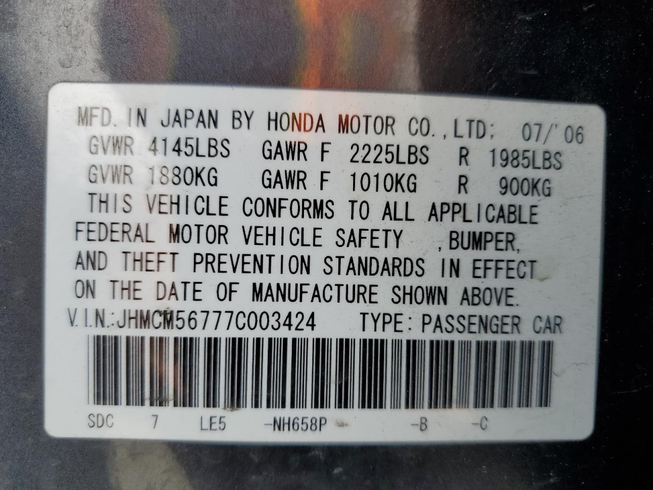 HONDA ACCORD 2007 VIN JHMCM56777C003424 zdjęcie 13