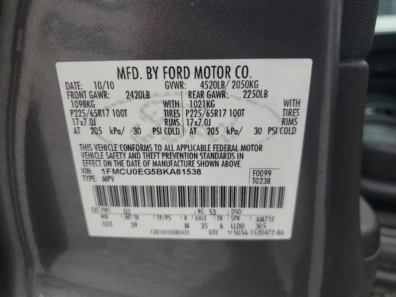 2011 Ford Escape Limited VIN: 1FMCU0EG5BKA81538 Lot: 62834985