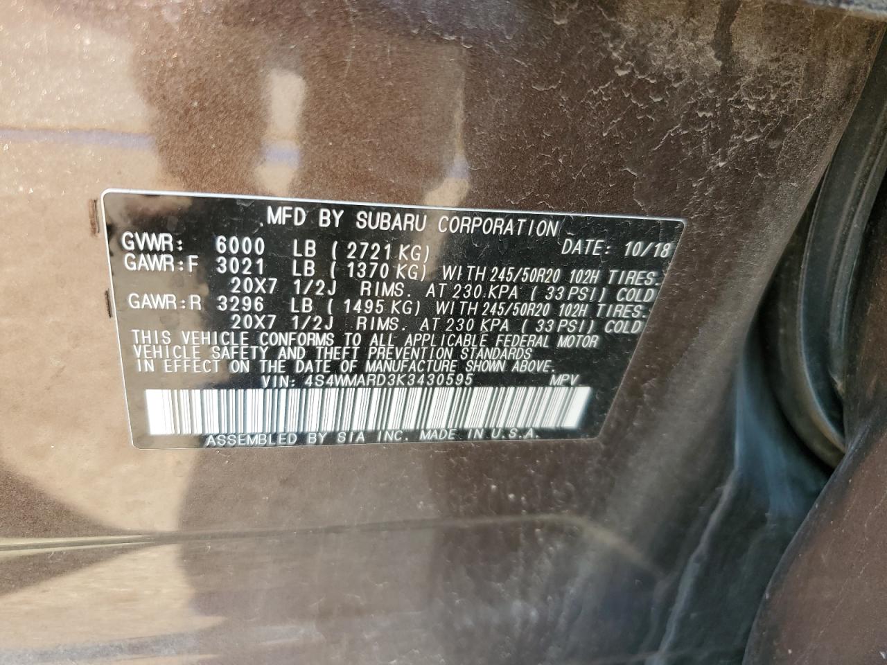 2019 Subaru Ascent Touring VIN: 4S4WMARD3K3430595 Lot: 60341265