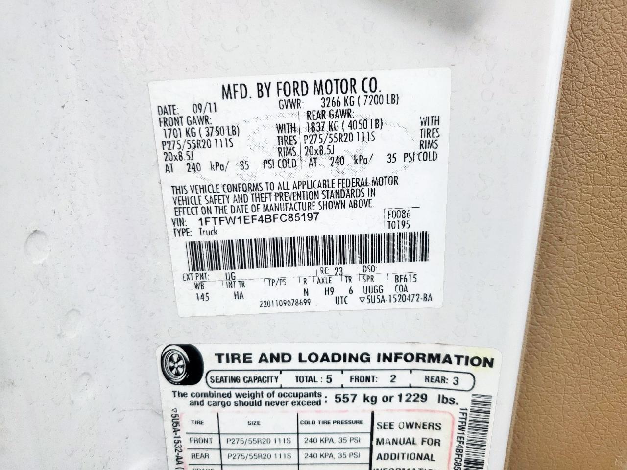 2011 Ford F150 Supercrew VIN: 1FTFW1EF4BFC85197 Lot: 61870915