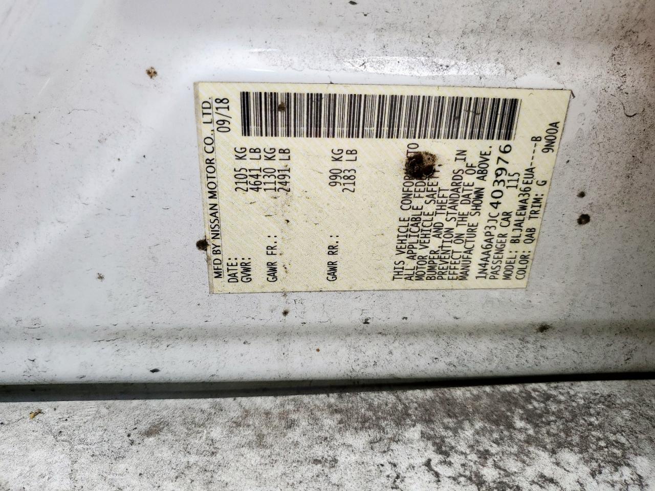 2018 Nissan Maxima 3.5S VIN: 1N4AA6AP3JC403976 Lot: 61218895