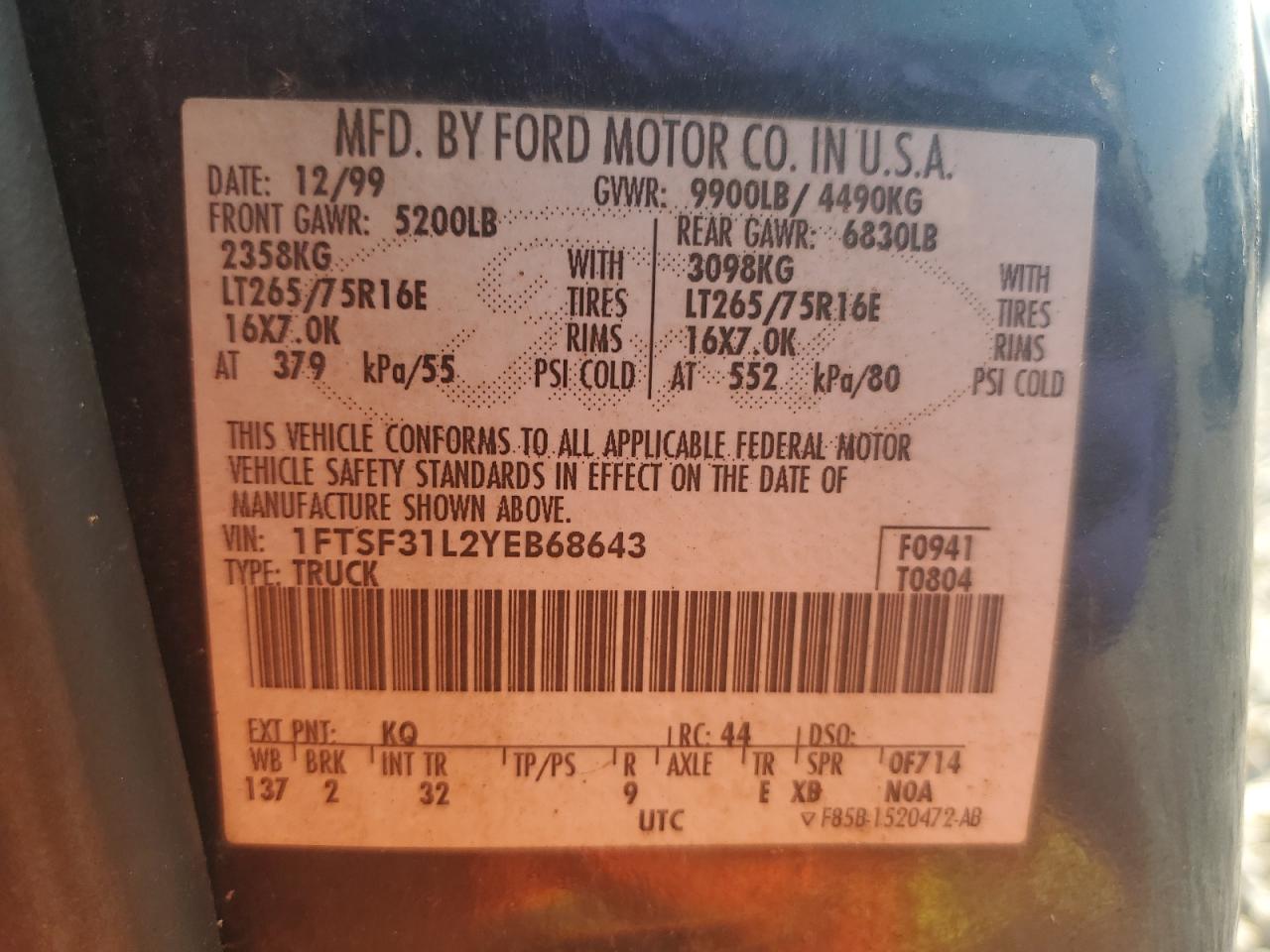 2000 Ford F350 Srw Super Duty VIN: 1FTSF31L2YEB68643 Lot: 62538365