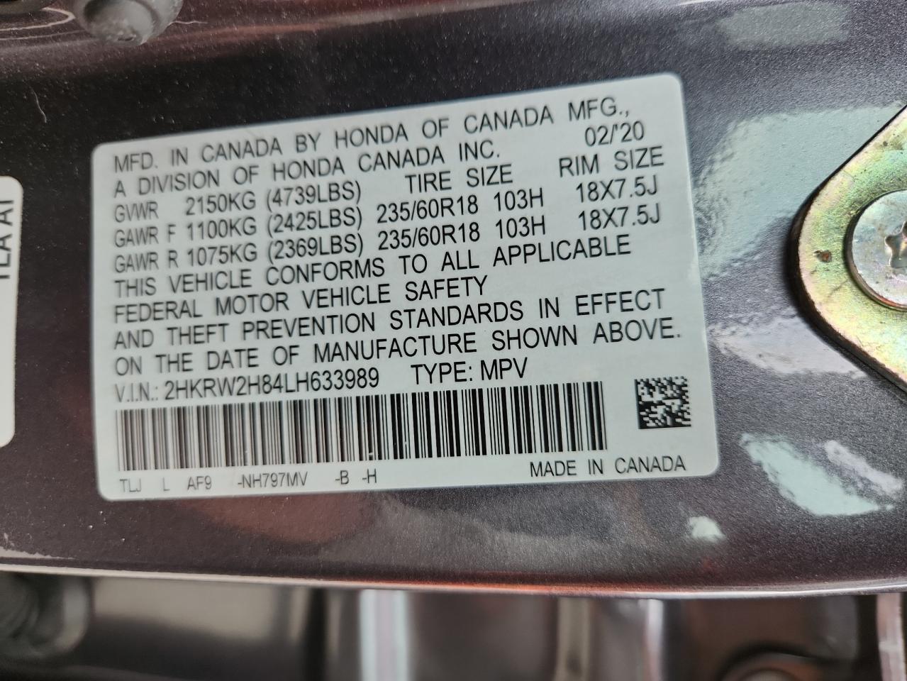 2020 Honda Cr-V Exl VIN: 2HKRW2H84LH633989 Lot: 60616925