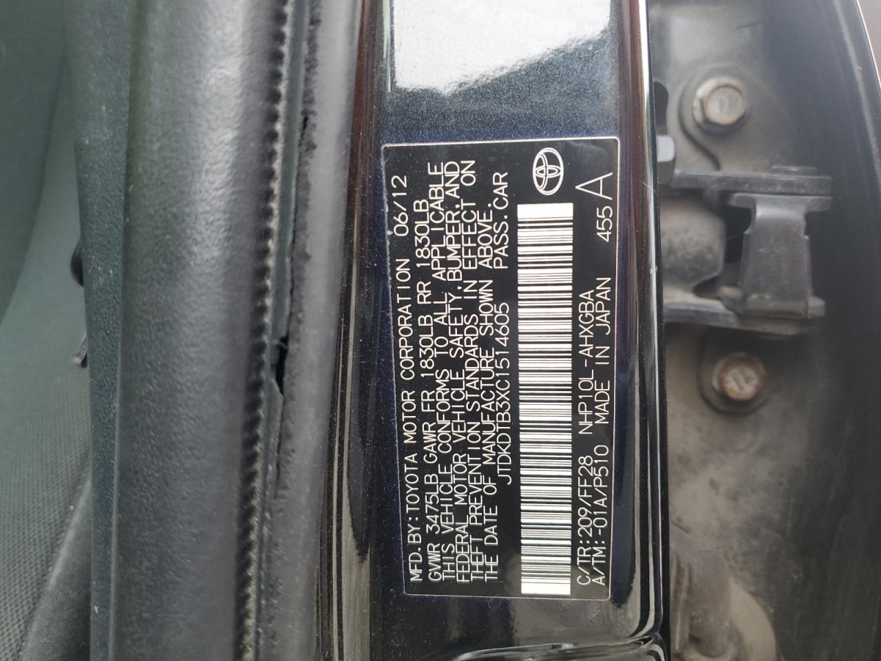 2012 Toyota Prius C VIN: JTDKDTB3XC1514605 Lot: 59905205