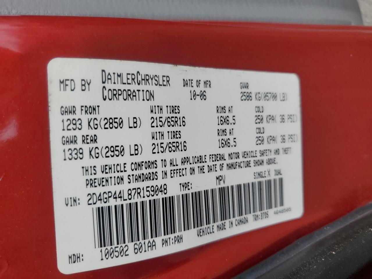 2007 Dodge Grand Caravan Sxt VIN: 2D4GP44L87R159048 Lot: 62609875