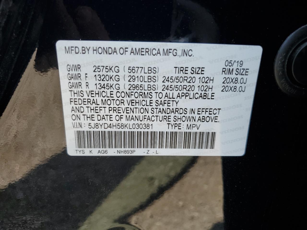 2019 Acura Mdx Technology VIN: 5J8YD4H58KL030381 Lot: 62651975