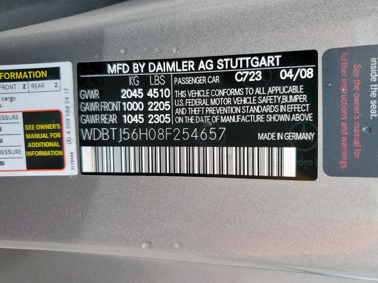2008 Mercedes-Benz Clk 350 VIN: WDBTJ56H08F254657 Lot: 60846535