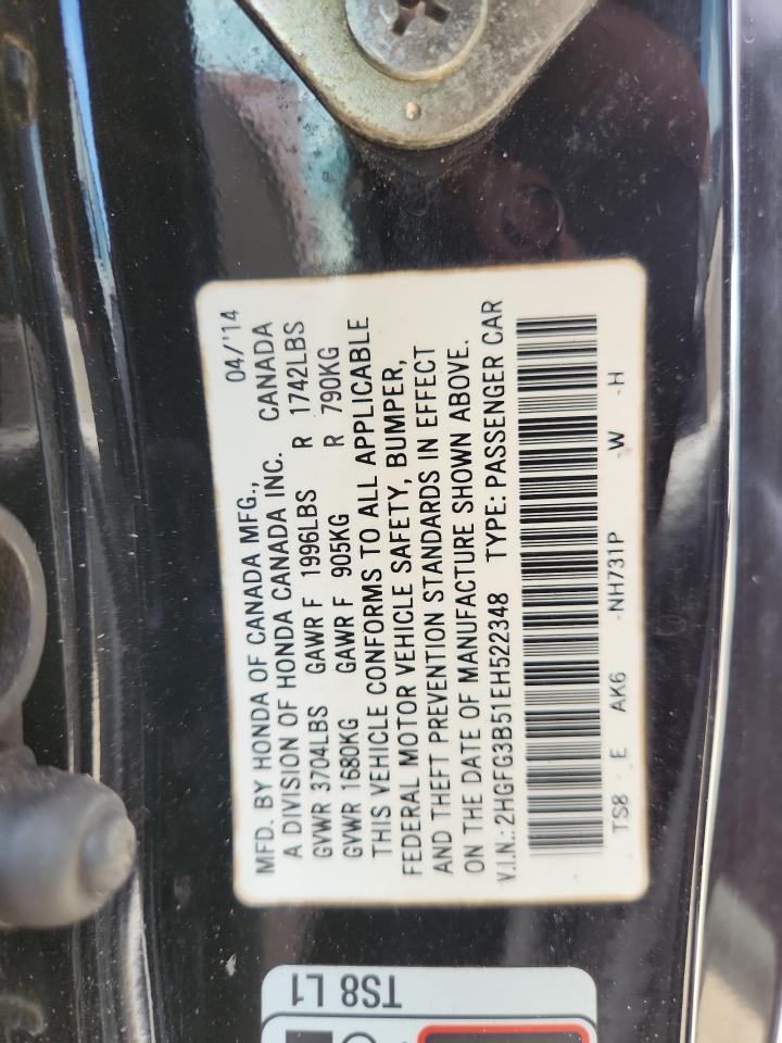 2014 Honda Civic Lx VIN: 2HGFG3B51EH522348 Lot: 61134065