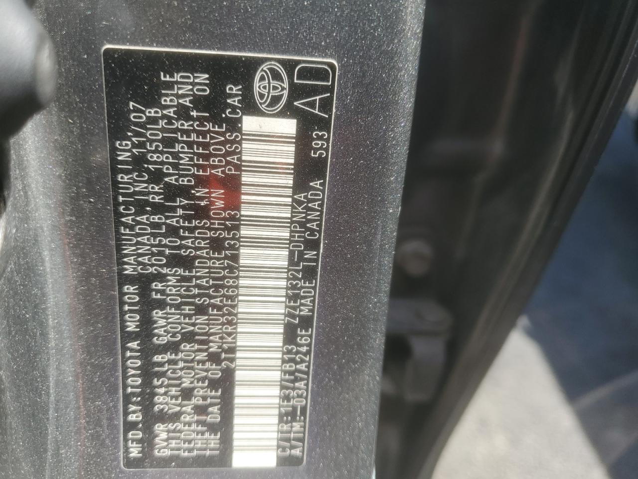 2008 Toyota Corolla Matrix Xr VIN: 2T1KR32E68C713513 Lot: 61786135