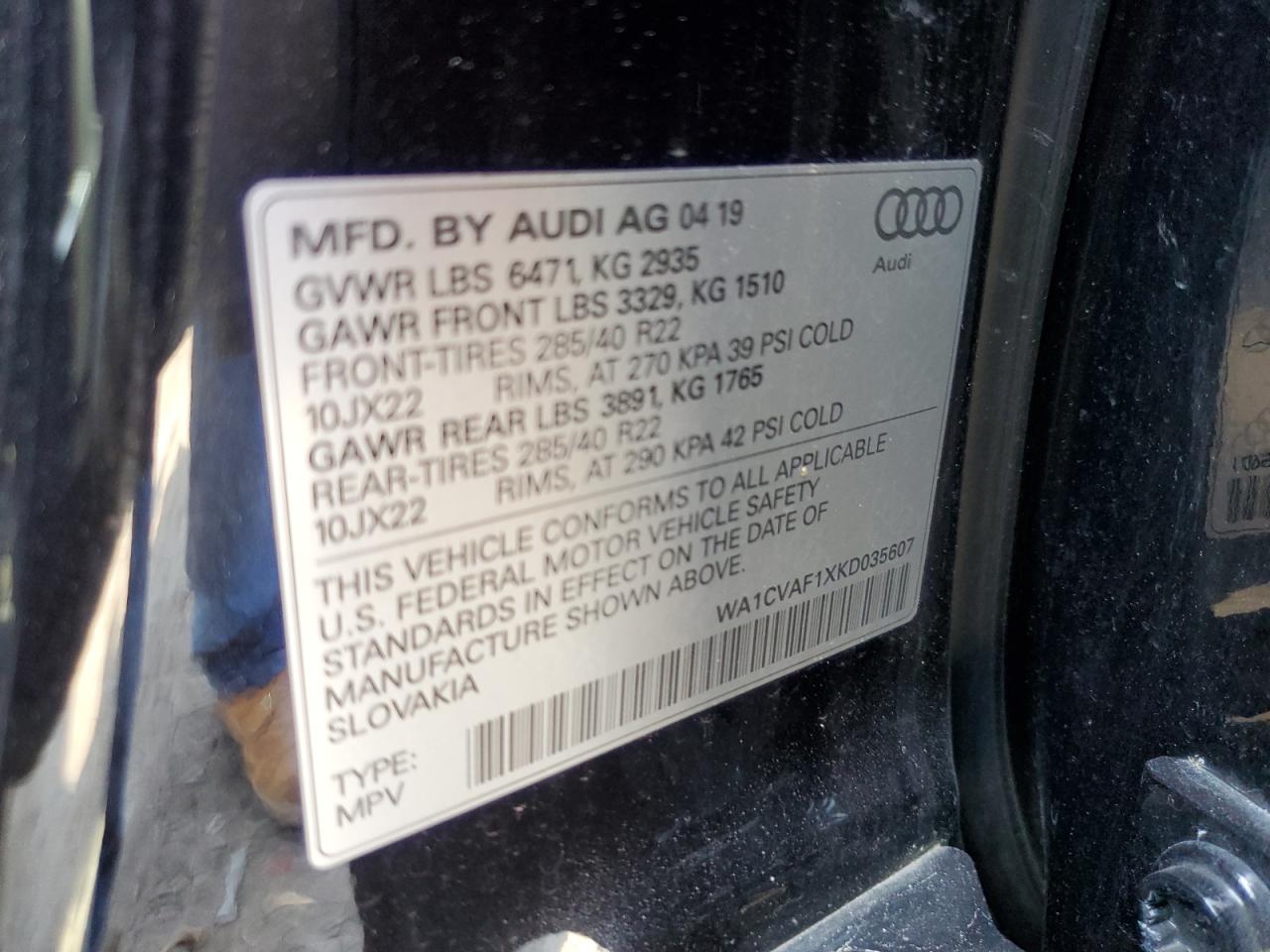 2019 Audi Q8 Prestige VIN: WA1CVAF1XKD035607 Lot: 62465115