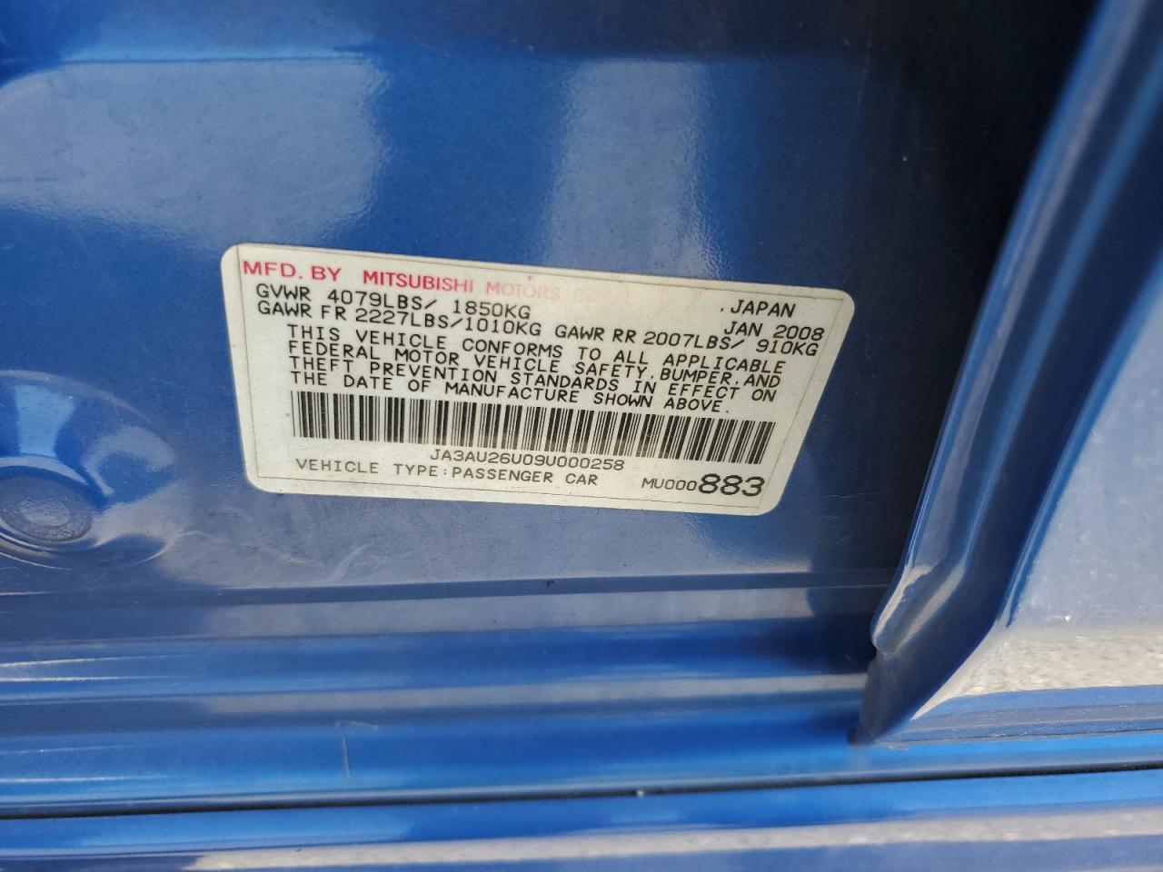 2009 Mitsubishi Lancer Es/Es Sport VIN: JA3AU26U09U000258 Lot: 60161935