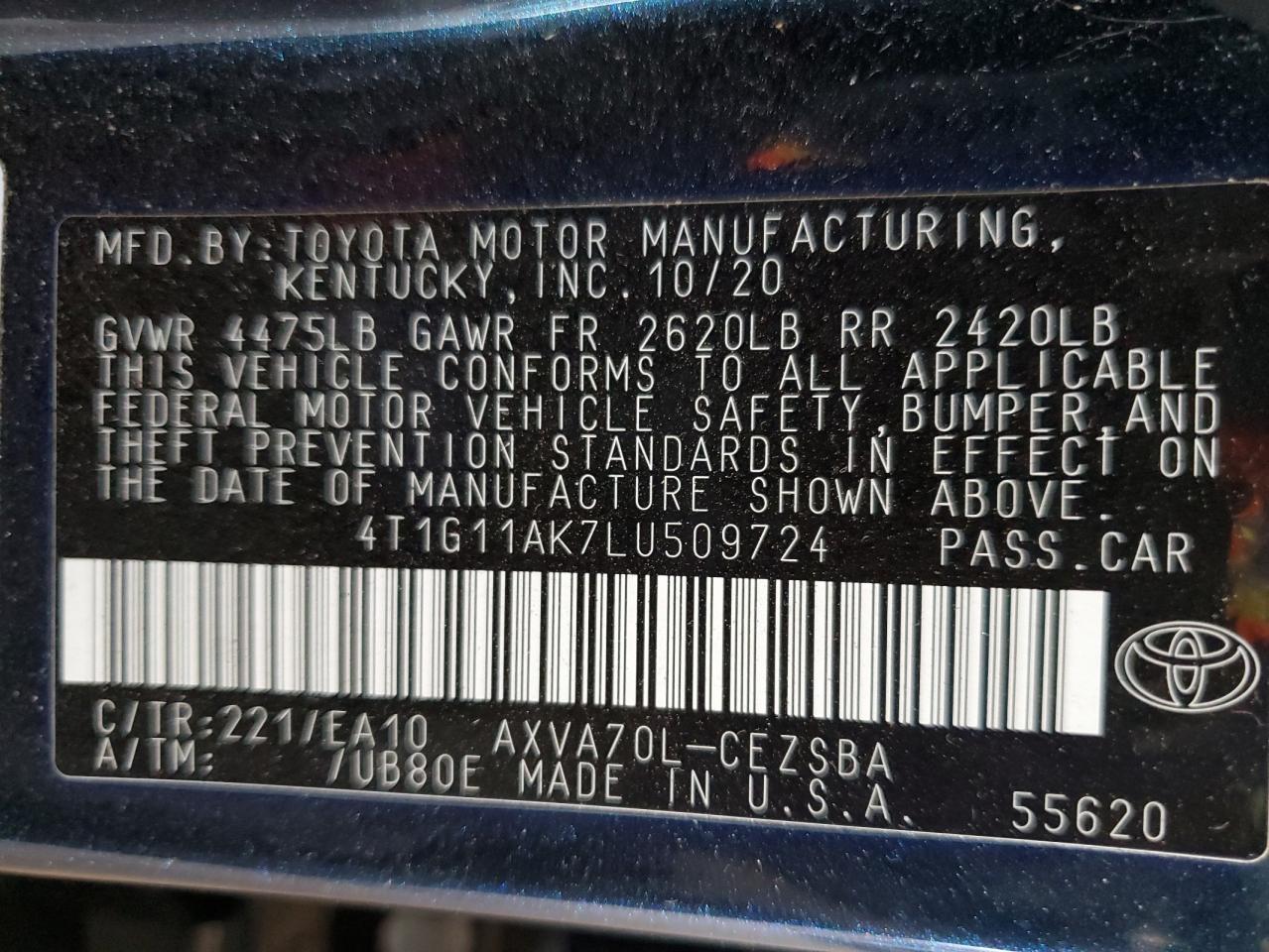 2020 Toyota Camry Se VIN: 4T1G11AK7LU509724 Lot: 62314505