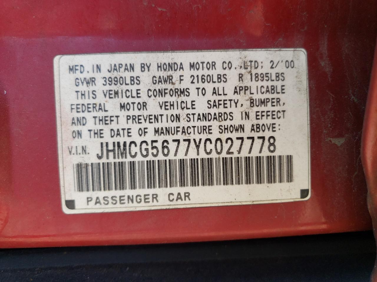 2000 Honda Accord Se VIN: JHMCG5677YC027778 Lot: 62142315