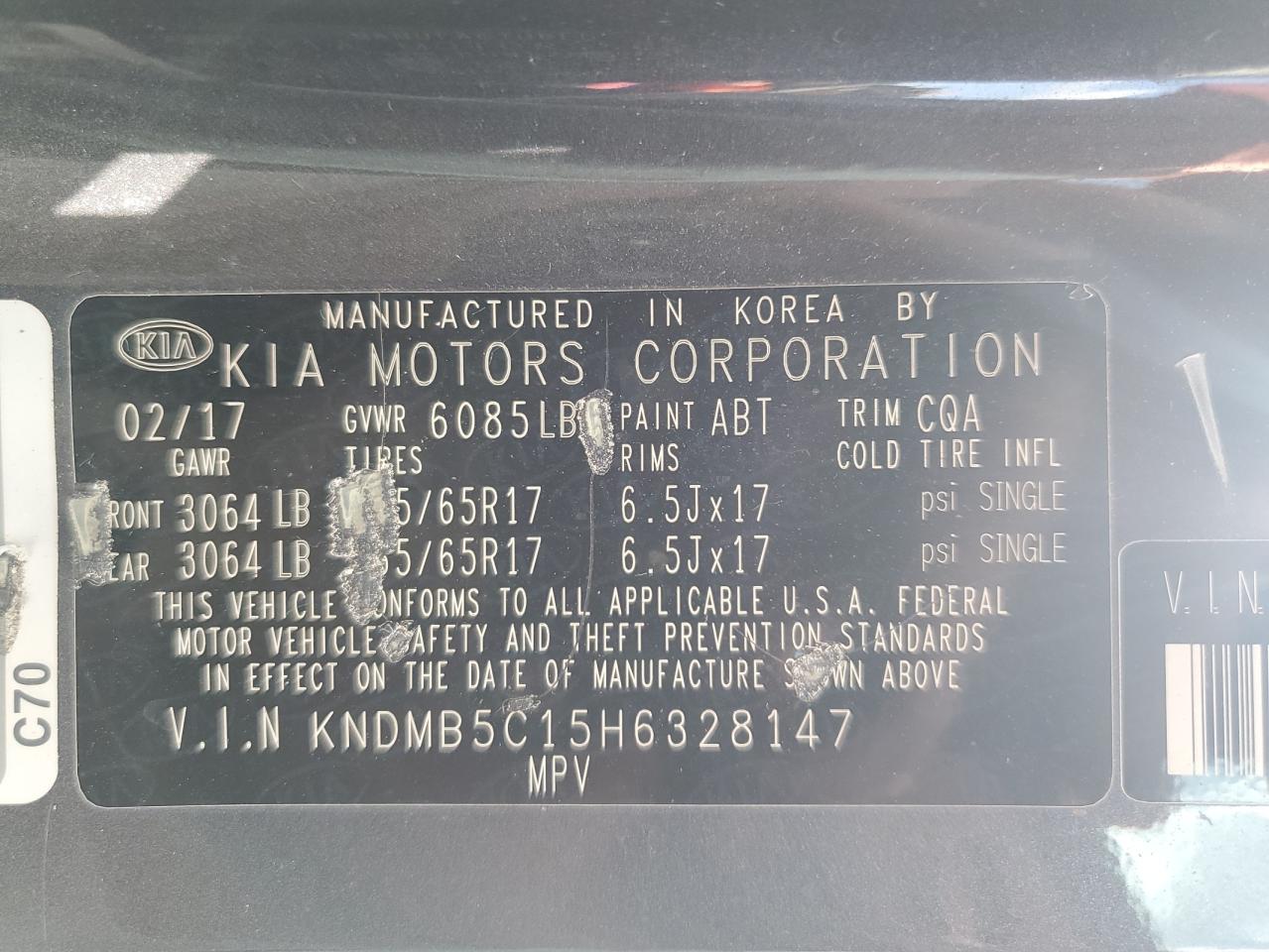 2017 Kia Sedona Lx VIN: KNDMB5C15H6328147 Lot: 60651195