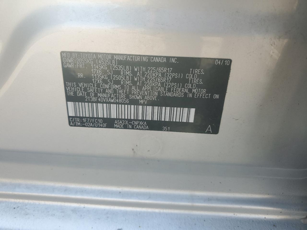 2010 Toyota Rav4 VIN: 2T3BF4DVXAW048056 Lot: 61927955