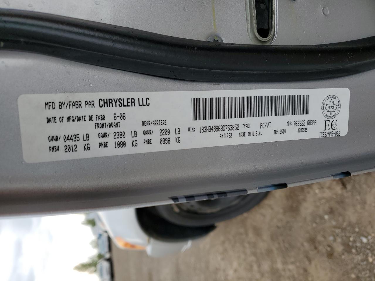 2008 Dodge Caliber Sxt VIN: 1B3HB48B68D763852 Lot: 62027615