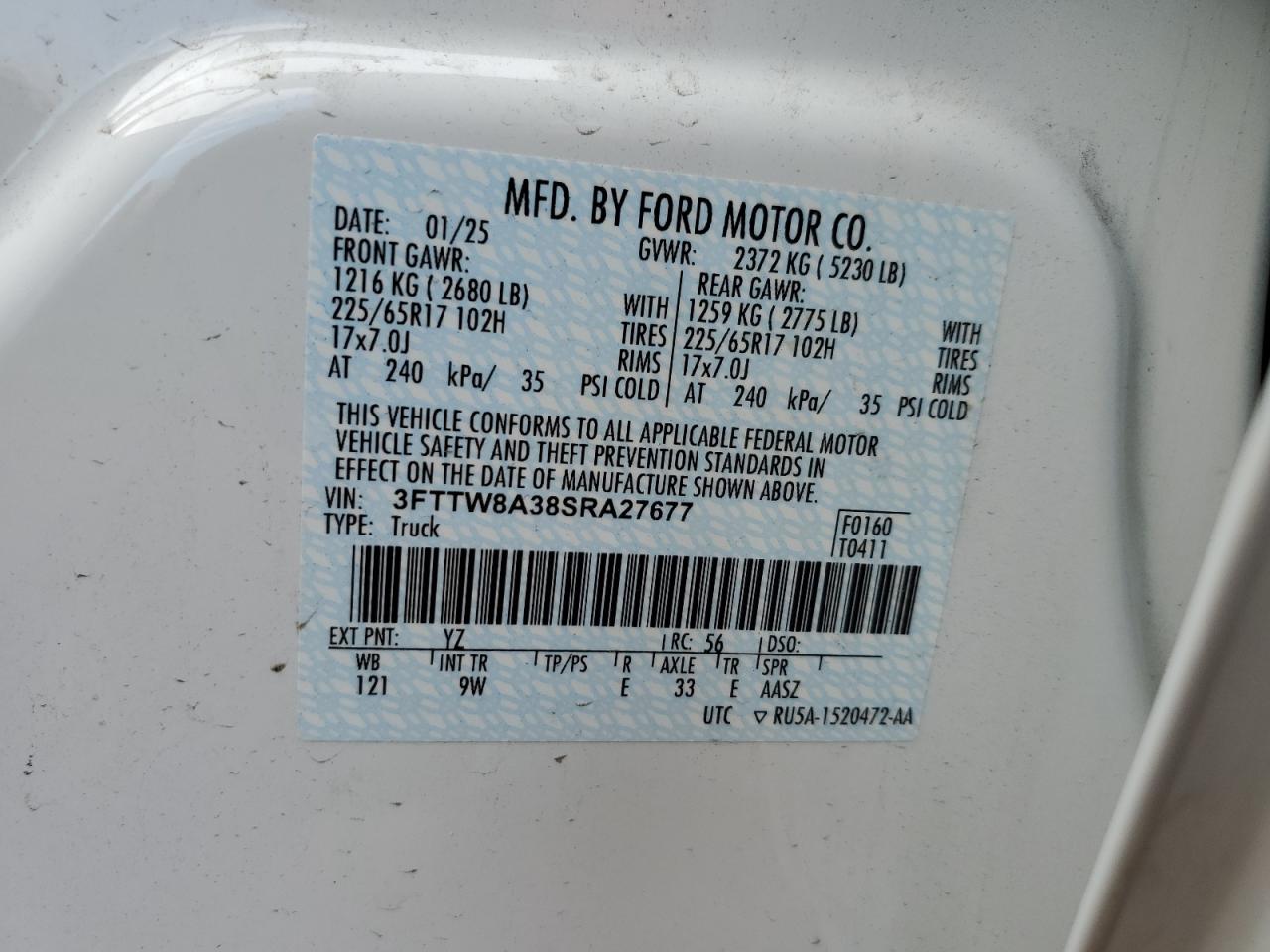 2025 Ford Maverick Xl VIN: 3FTTW8A38SRA27677 Lot: 58848325