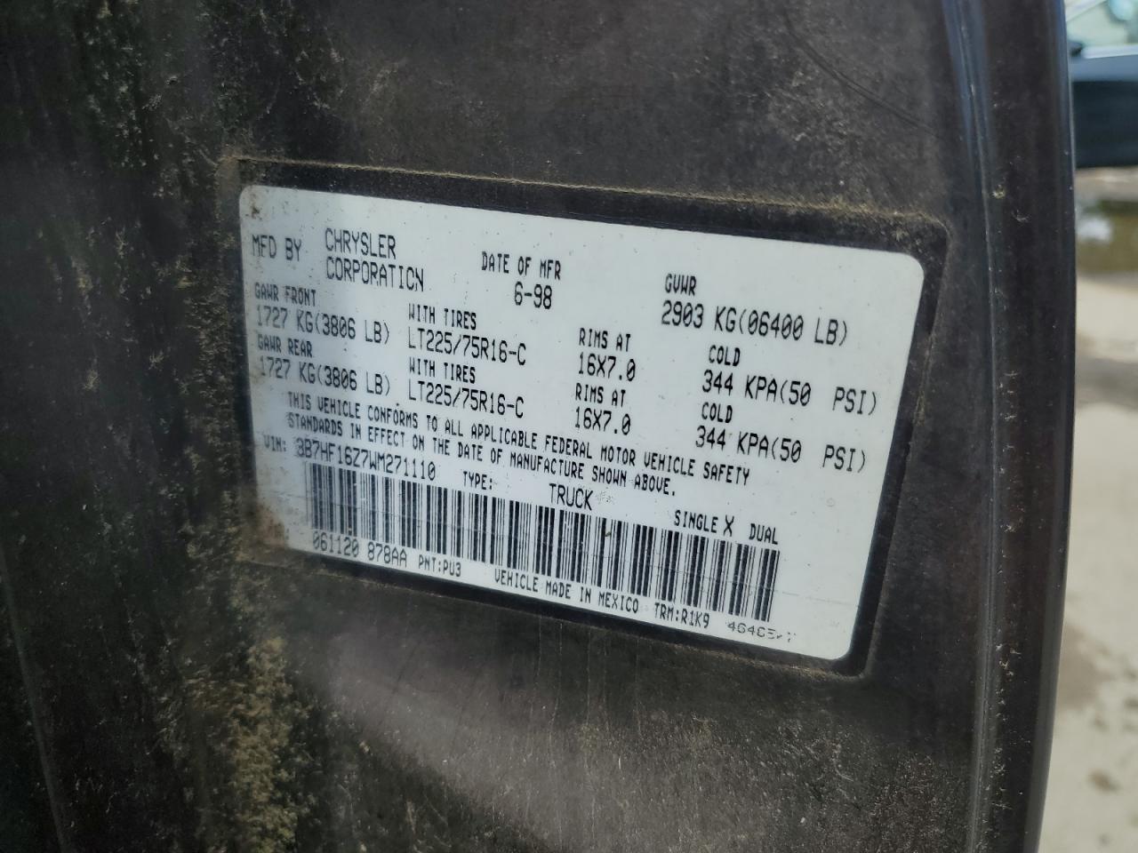 1998 Dodge Ram 1500 VIN: 3B7HF16Z7WM271110 Lot: 60812495