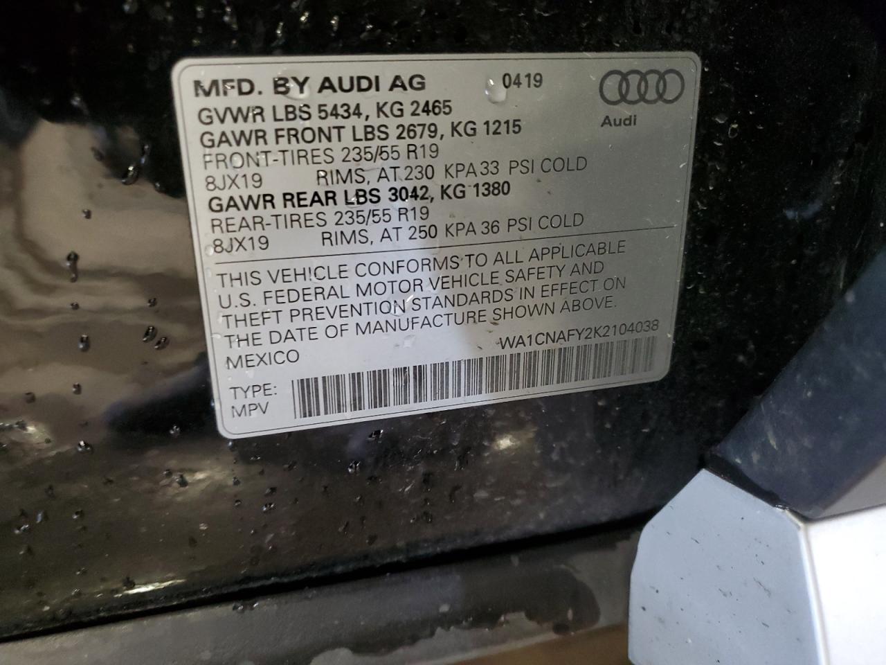 2019 Audi Q5 Prestige VIN: WA1CNAFY2K2104038 Lot: 60442075