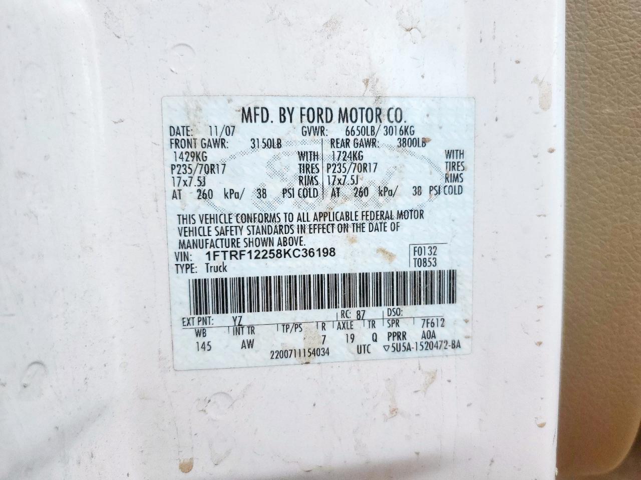 2008 Ford F150 VIN: 1FTRF12258KC36198 Lot: 59618205