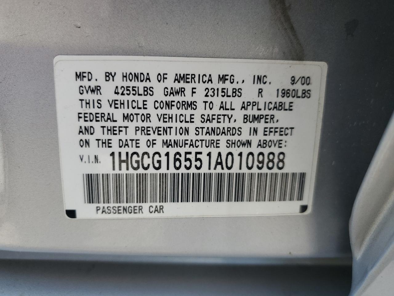 2001 Honda Accord Ex VIN: 1HGCG16551A010988 Lot: 62893475
