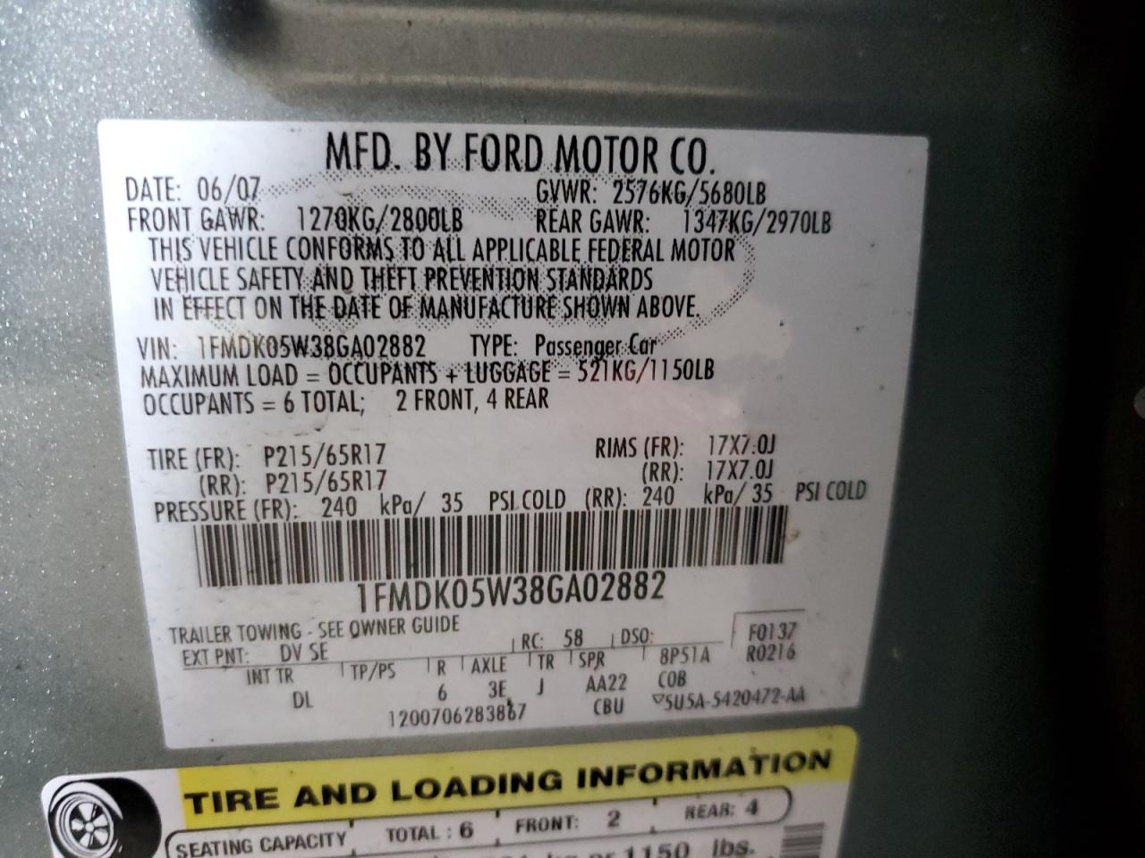2008 Ford Taurus X Sel VIN: 1FMDK05W38GA02882 Lot: 59419315
