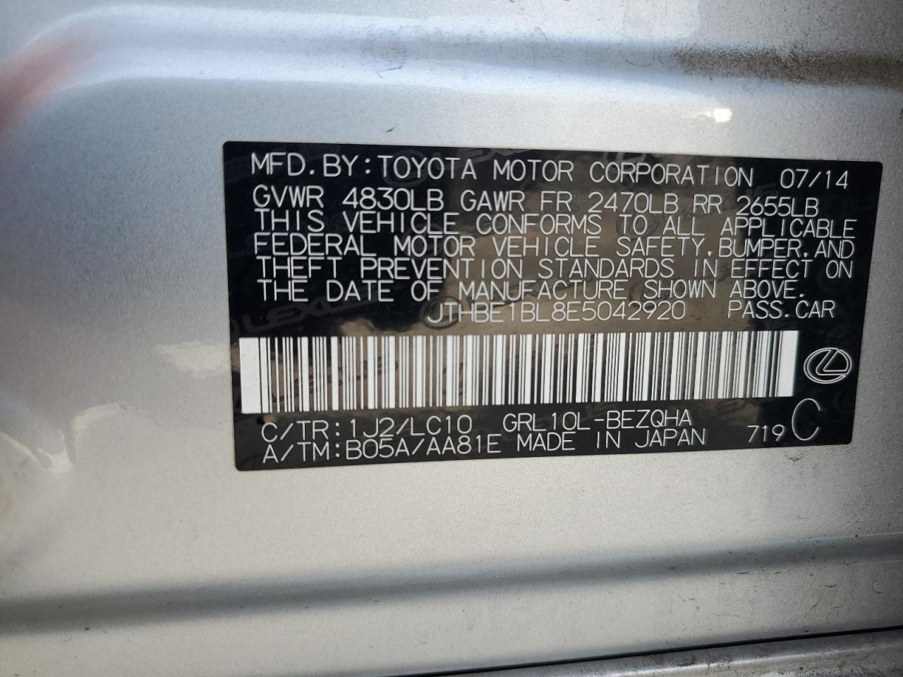 2014 Lexus Gs 350 VIN: JTHBE1BL8E5042920 Lot: 59046935