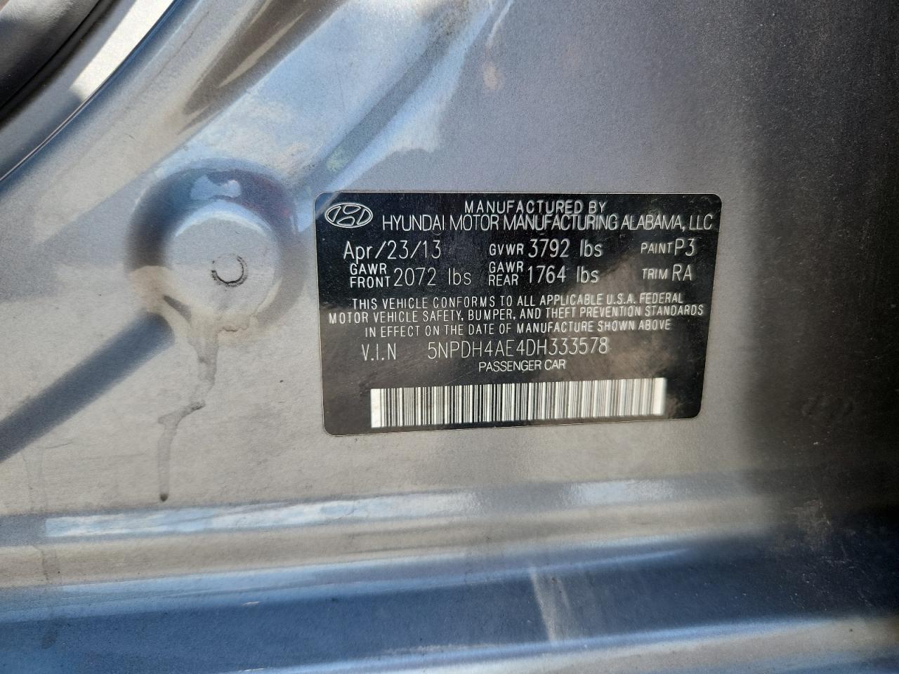 2013 Hyundai Elantra Gls VIN: 5NPDH4AE4DH333578 Lot: 62838745