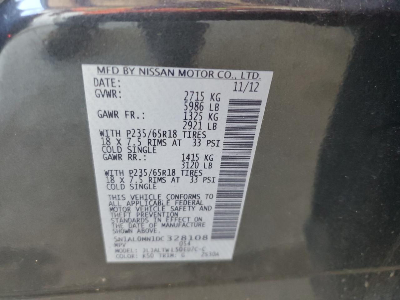 2013 Infiniti Jx35 VIN: 5N1AL0MN1DC328108 Lot: 60269515