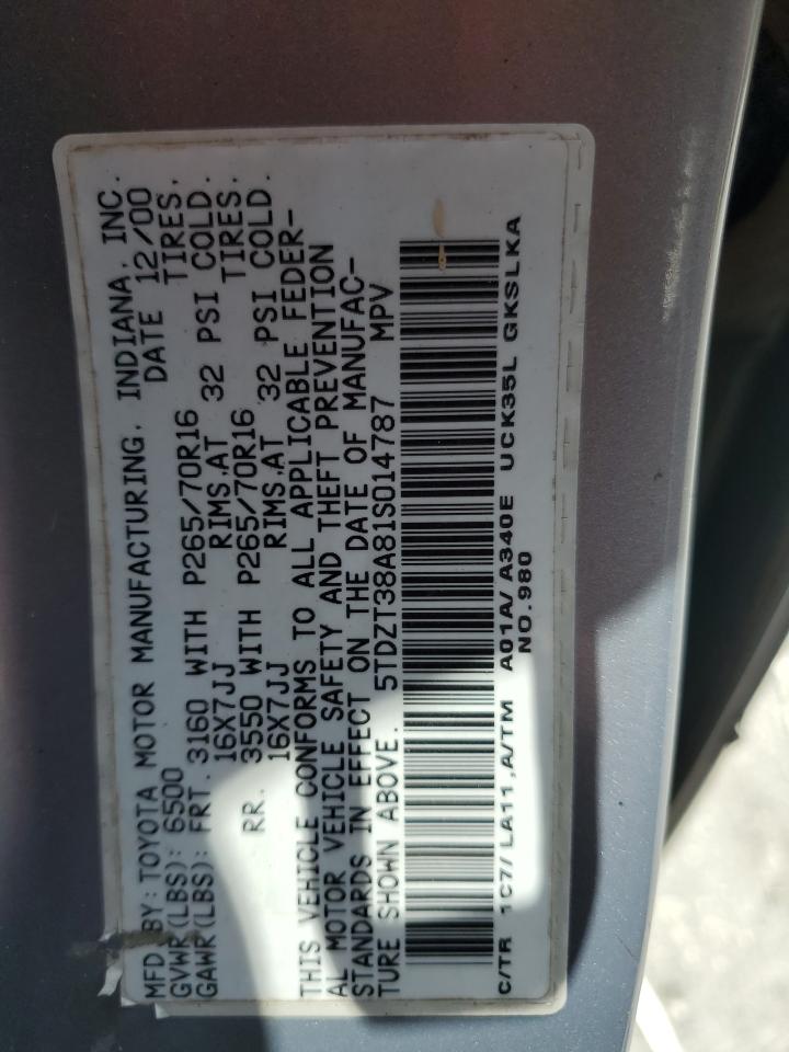 2001 Toyota Sequoia Limited VIN: 5TDZT38A81S014787 Lot: 59959535