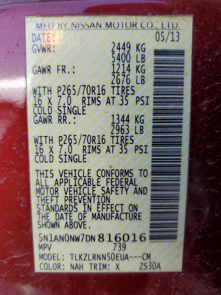 2013 Nissan Xterra X VIN: 5N1AN0NW7DN816016 Lot: 60743145