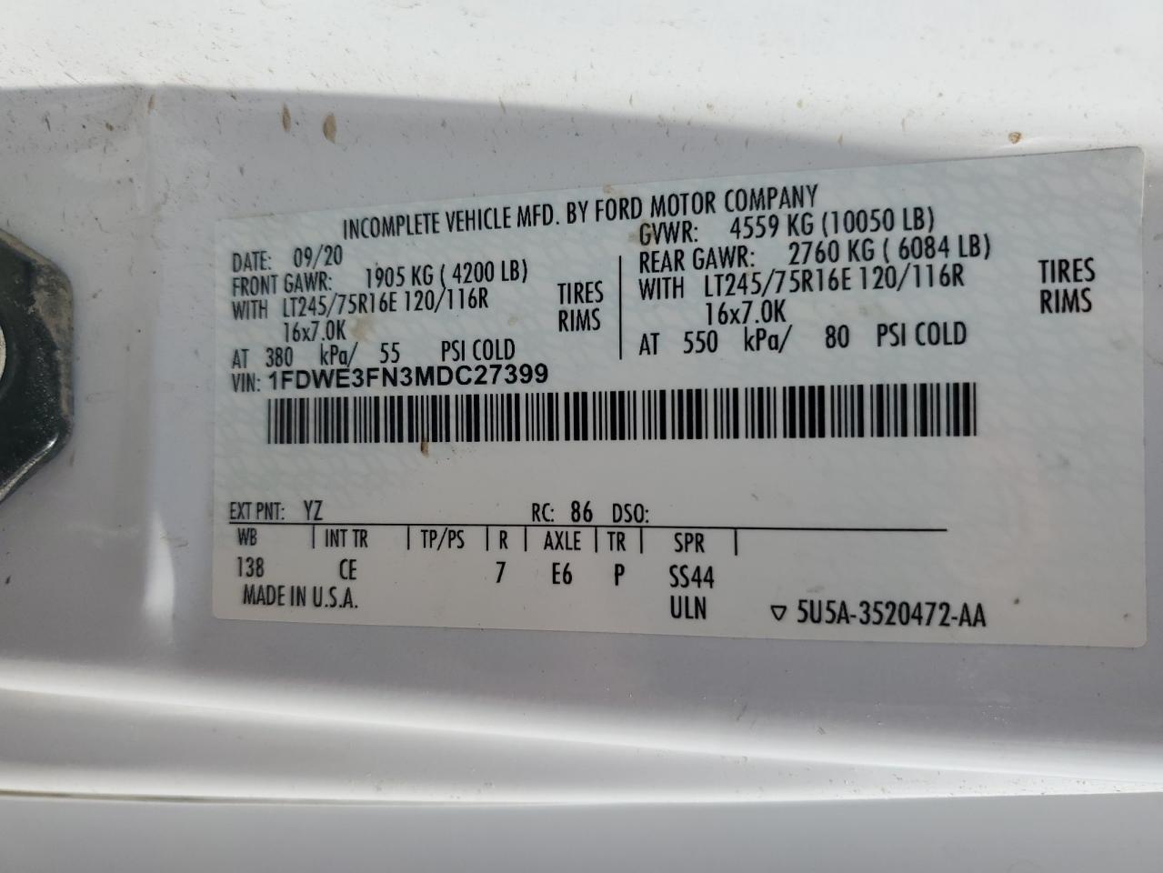 2021 Ford Econoline E350 Super Duty Cutaway Van VIN: 1FDWE3FN3MDC27399 Lot: 60796515