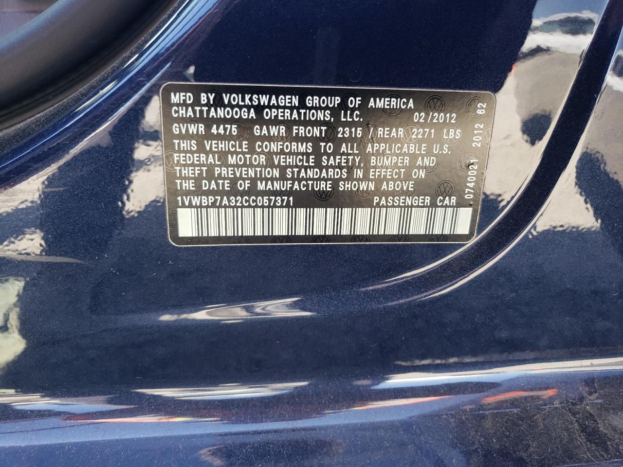 2012 Volkswagen Passat Se VIN: 1VWBP7A32CC057371 Lot: 62197925