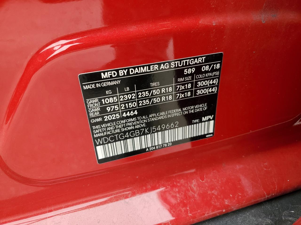 2019 Mercedes-Benz Gla 250 4Matic VIN: WDCTG4GB7KJ549662 Lot: 59304725