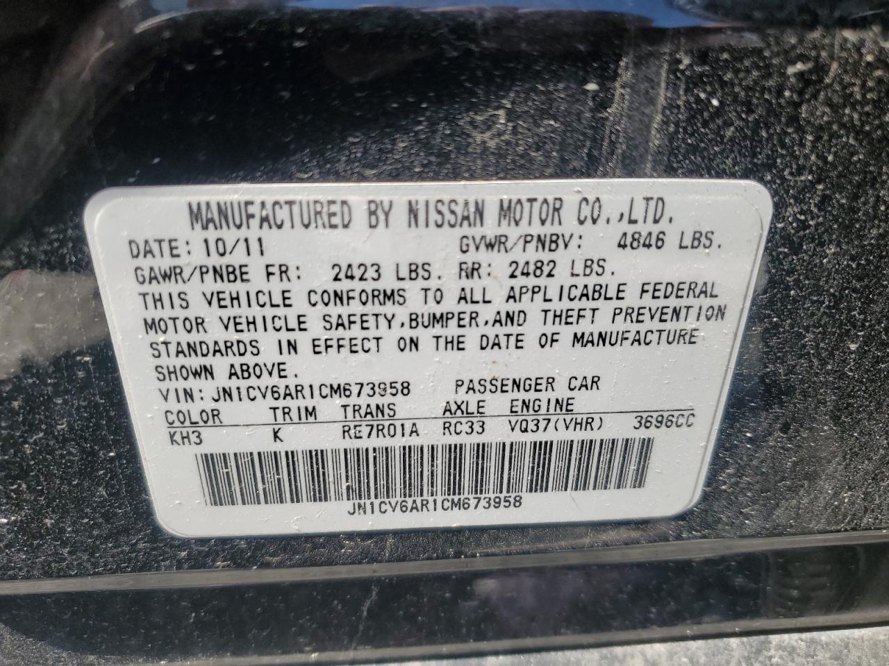 2012 Infiniti G37 VIN: JN1CV6AR1CM673958 Lot: 92828805