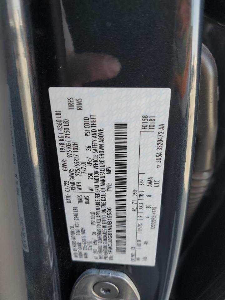 2022 Ford Escape Se VIN: 1FMCU0G61NUB15536 Lot: 62870205