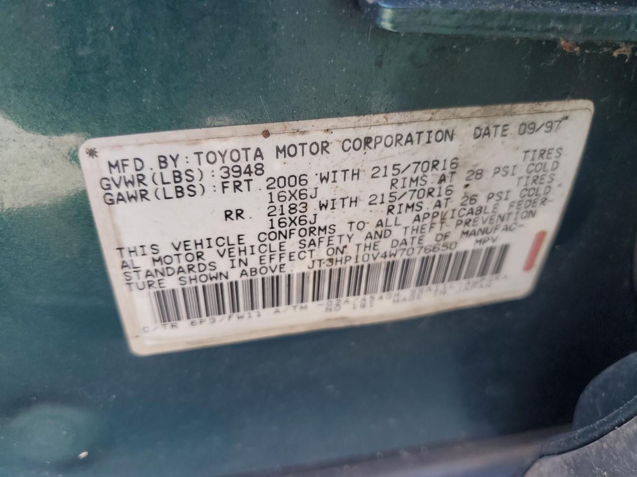1998 Toyota Rav4 VIN: JT3HP10V4W7076650 Lot: 61728835