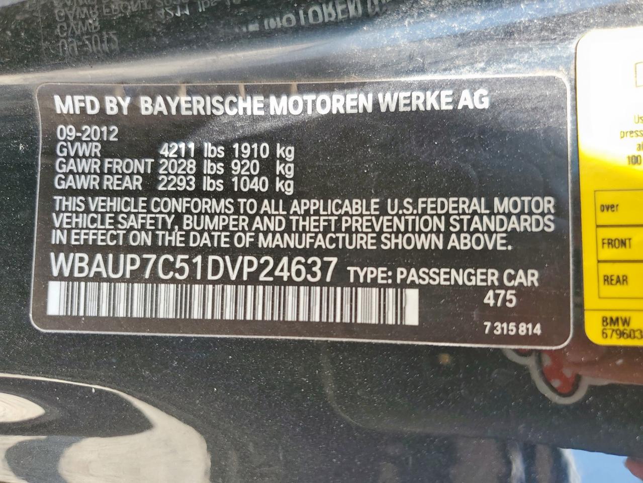 2013 BMW 128 I VIN: WBAUP7C51DVP24637 Lot: 58507635