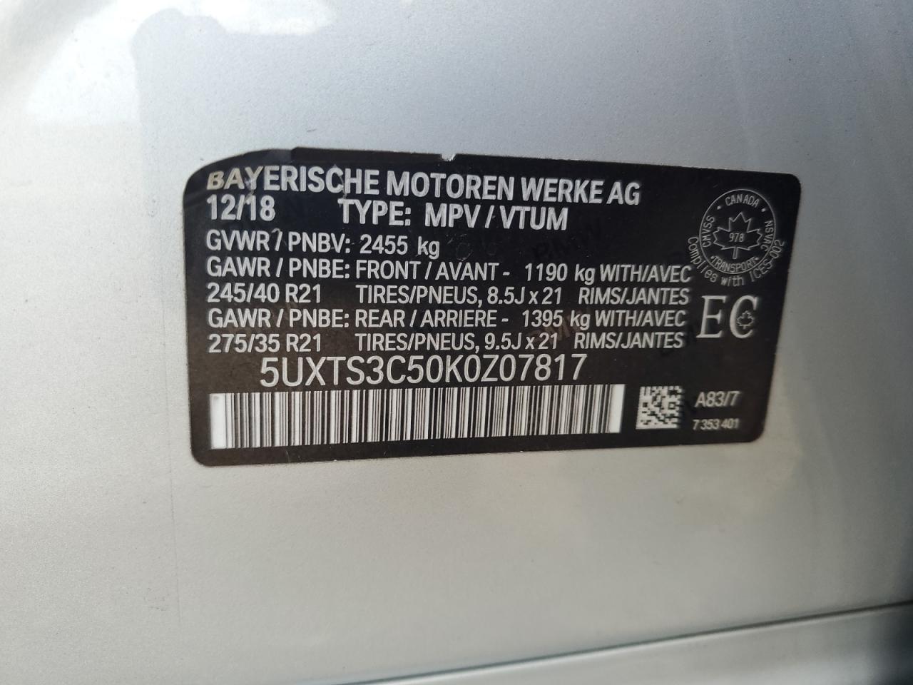 2019 BMW X3 xDrivem40I VIN: 5UXTS3C50K0Z07817 Lot: 62310345